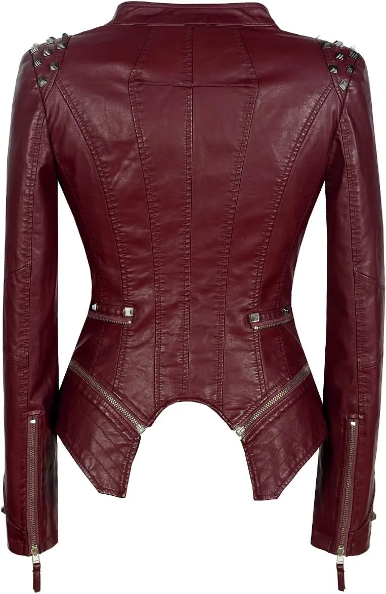 Fashion SX Women's Studded Rivets Faux Leather Jacket Plus Size Motorcycle Leather Casual Coats