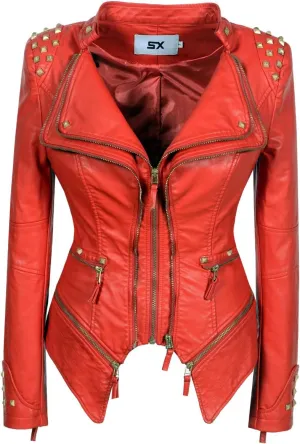 Fashion SX Women's Studded Rivets Faux Leather Jacket Plus Size Motorcycle Leather Casual Coats