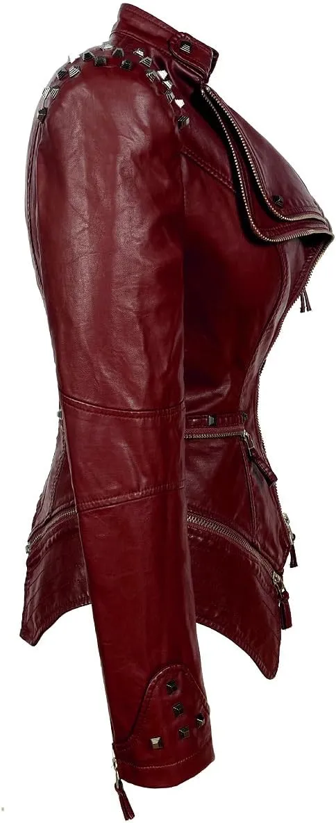 Fashion SX Women's Studded Rivets Faux Leather Jacket Plus Size Motorcycle Leather Casual Coats