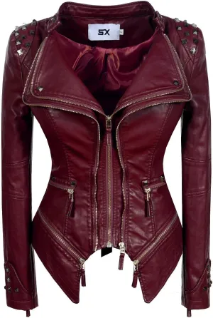 Fashion SX Women's Studded Rivets Faux Leather Jacket Plus Size Motorcycle Leather Casual Coats