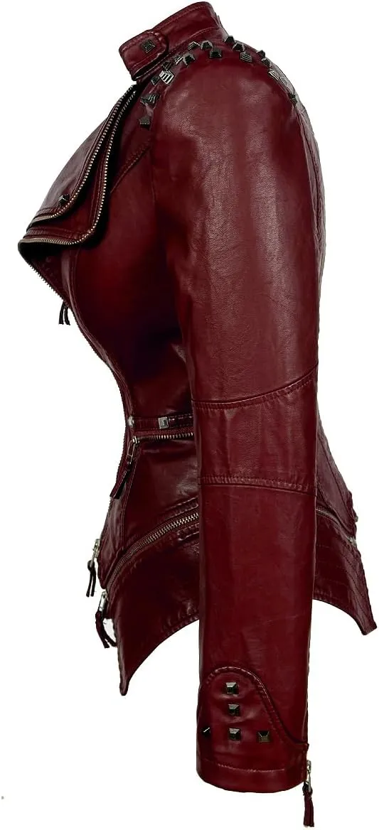 Fashion SX Women's Studded Rivets Faux Leather Jacket Plus Size Motorcycle Leather Casual Coats
