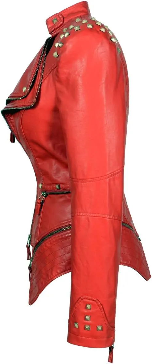 Fashion SX Women's Studded Rivets Faux Leather Jacket Plus Size Motorcycle Leather Casual Coats