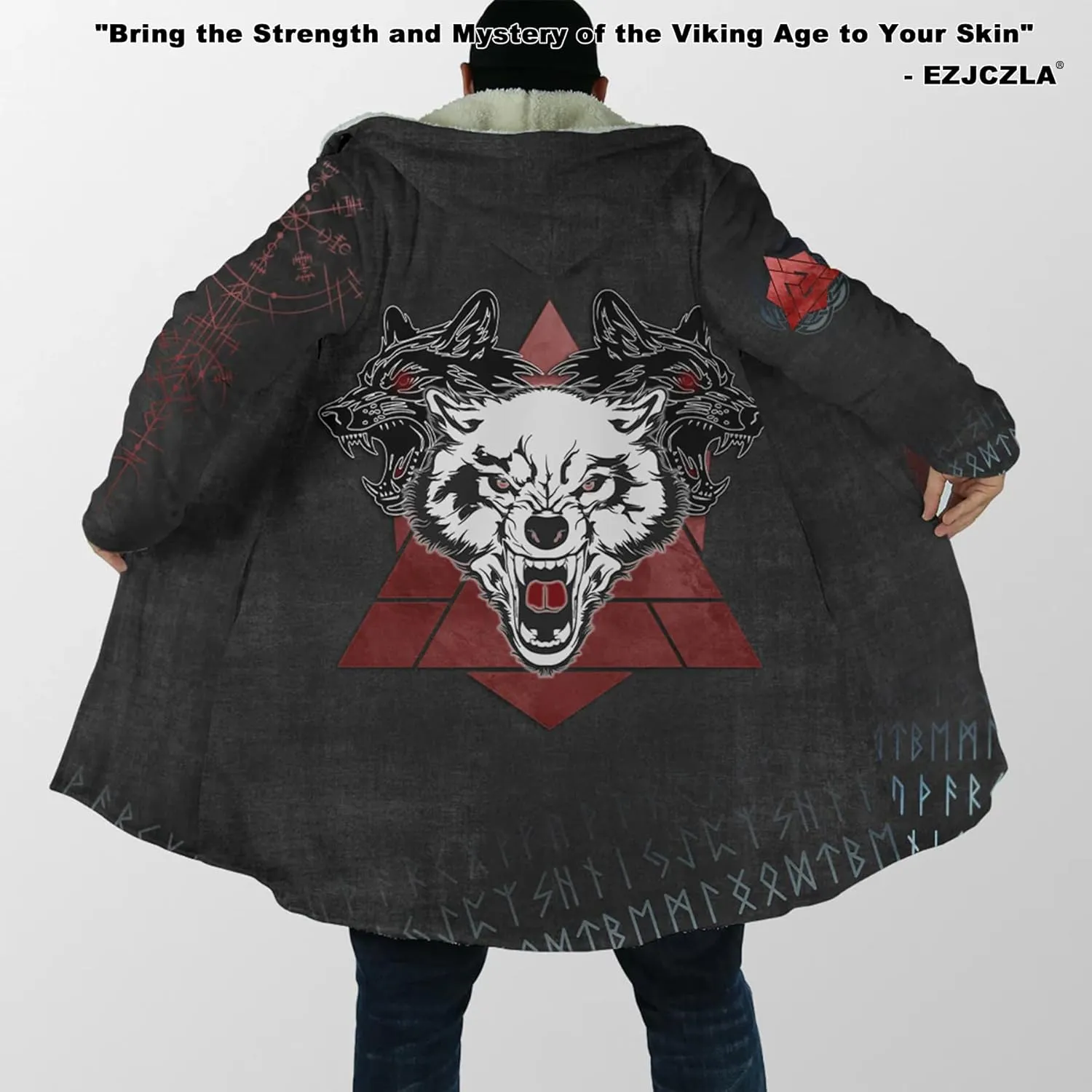 Fenrir Wolf Mythical Men's Winter Shearling Thick Warm Hooded Cloak Viking Tattoos Coats Mid-Length Trendy Coatume