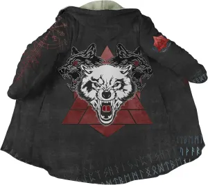 Fenrir Wolf Mythical Men's Winter Shearling Thick Warm Hooded Cloak Viking Tattoos Coats Mid-Length Trendy Coatume