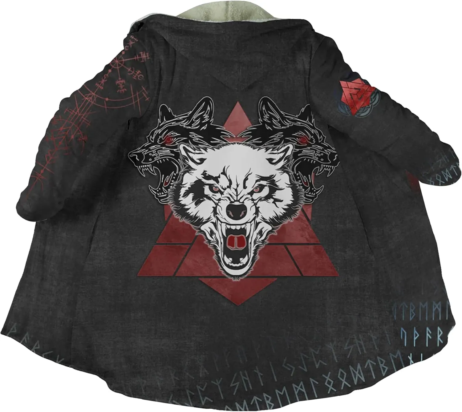 Fenrir Wolf Mythical Men's Winter Shearling Thick Warm Hooded Cloak Viking Tattoos Coats Mid-Length Trendy Coatume