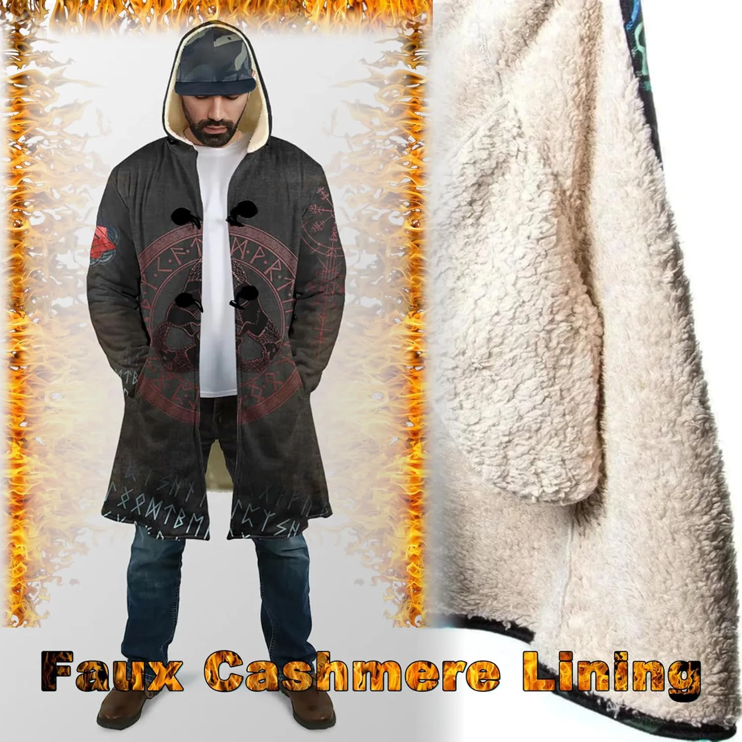 Fenrir Wolf Mythical Men's Winter Shearling Thick Warm Hooded Cloak Viking Tattoos Coats Mid-Length Trendy Coatume