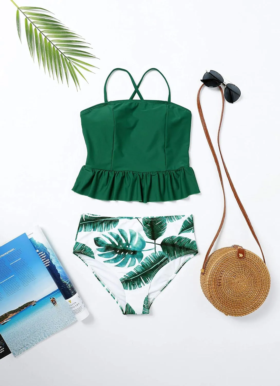 FERBIA Women Falbala Bikini Set Halter High Waisted Swimsuit 2 Piece Ruffle Tummy Control Peplum Spaghetti StrapTankini