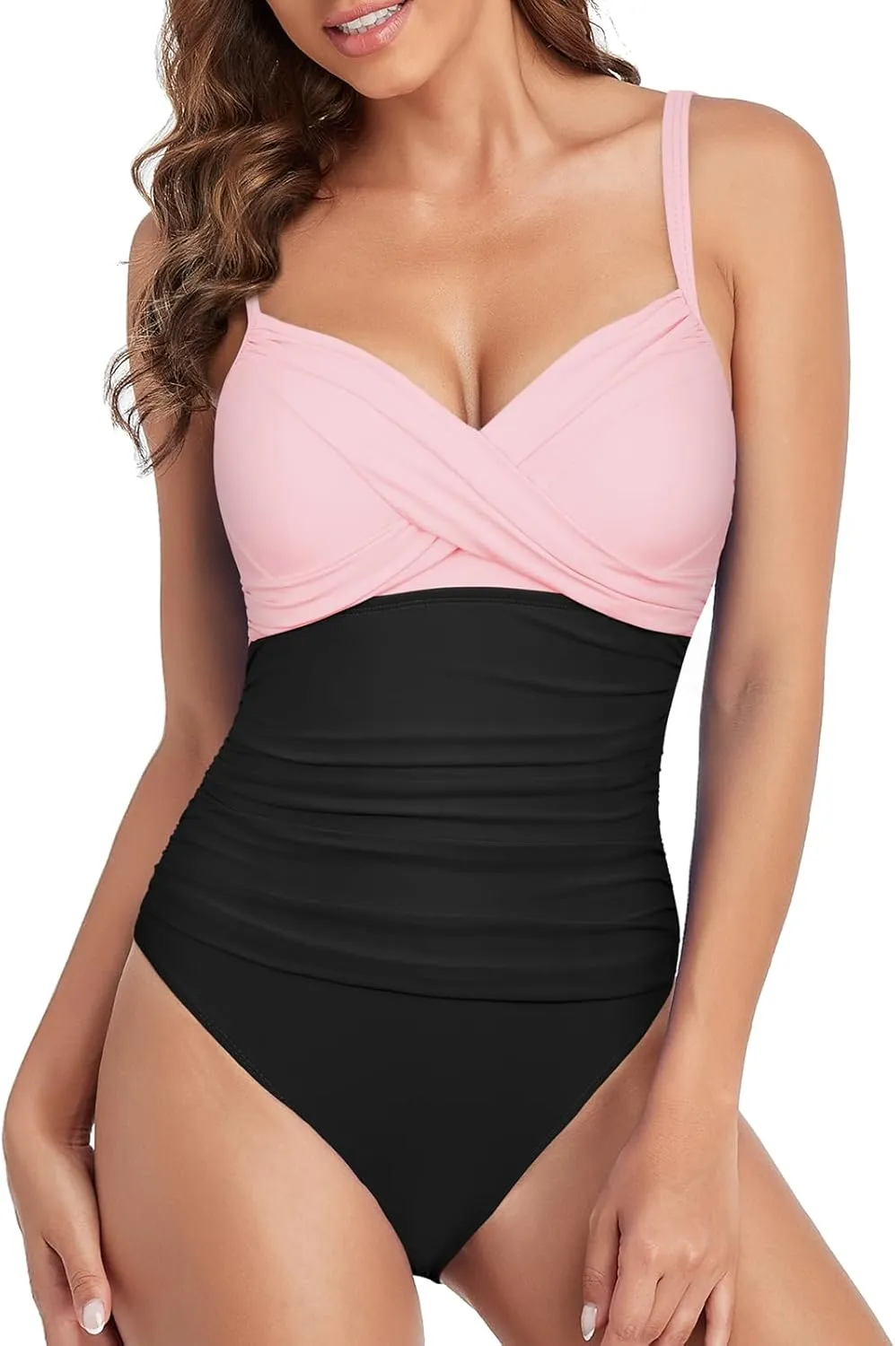Firpearl Women's Underwire One Piece Swimsuits Push Up Supportive Bathing Suit Criss Cross Ruched Tummy Control Swimwear