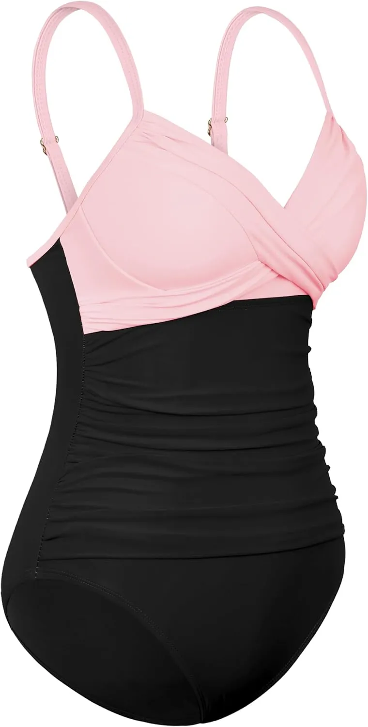 Firpearl Women's Underwire One Piece Swimsuits Push Up Supportive Bathing Suit Criss Cross Ruched Tummy Control Swimwear