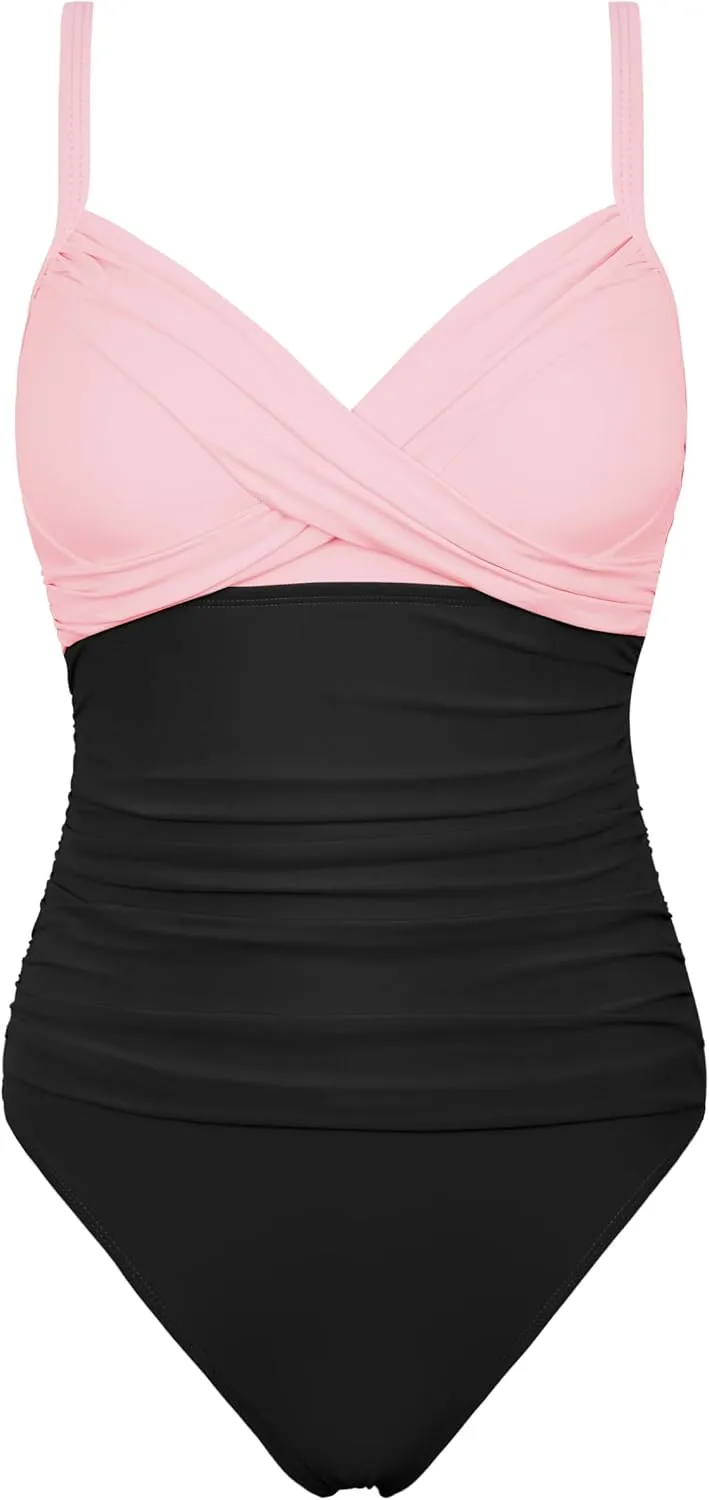 Firpearl Women's Underwire One Piece Swimsuits Push Up Supportive Bathing Suit Criss Cross Ruched Tummy Control Swimwear