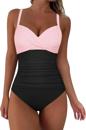 Firpearl Women's Underwire One Piece Swimsuits Push Up Supportive Bathing Suit Criss Cross Ruched Tummy Control Swimwear