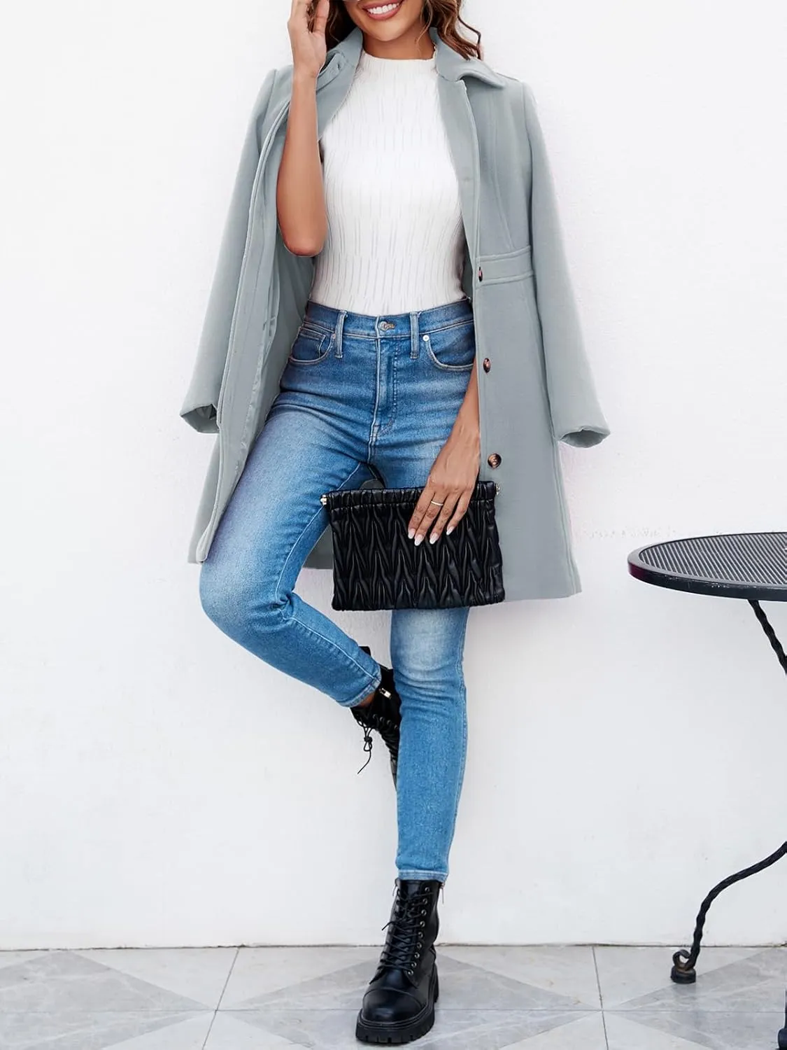 Fisoew Women's Elegant Single Breasted Coat Long Sleeve Mid Winter Overcoat Work Office Pea Coats
