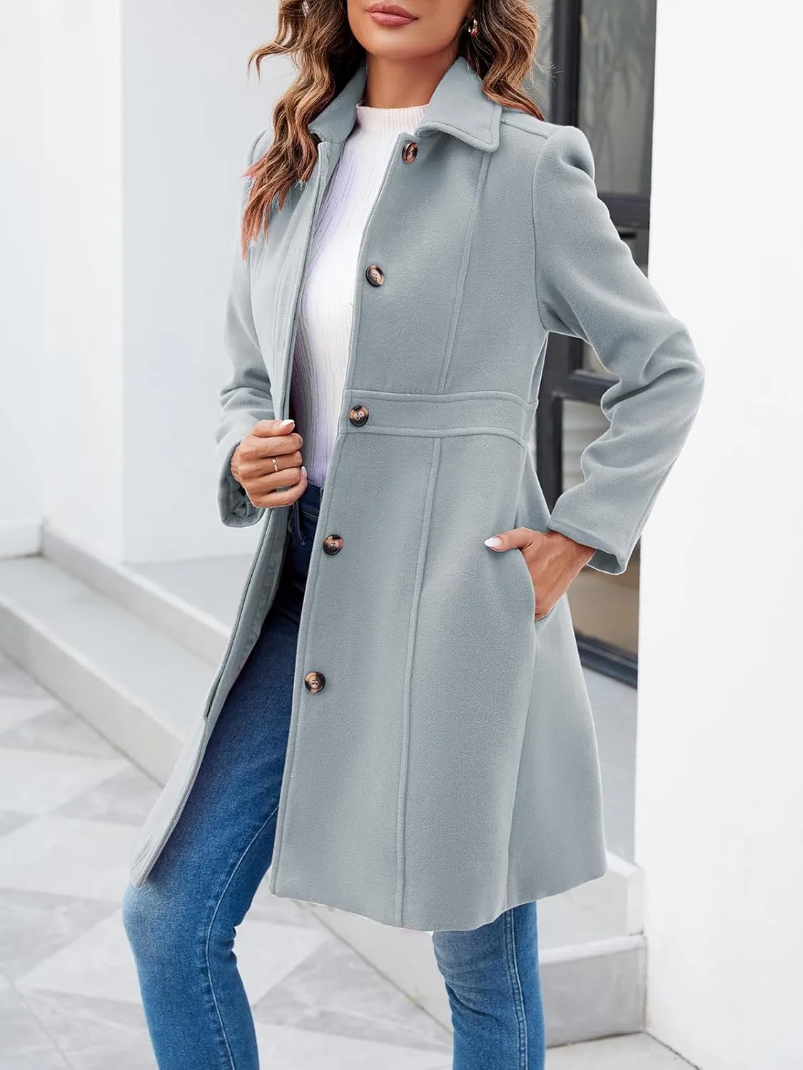Fisoew Women's Elegant Single Breasted Coat Long Sleeve Mid Winter Overcoat Work Office Pea Coats