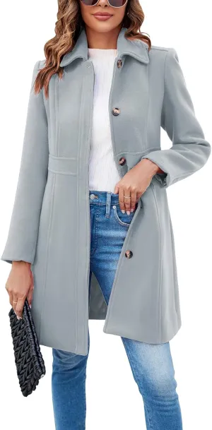 Fisoew Women's Elegant Single Breasted Coat Long Sleeve Mid Winter Overcoat Work Office Pea Coats