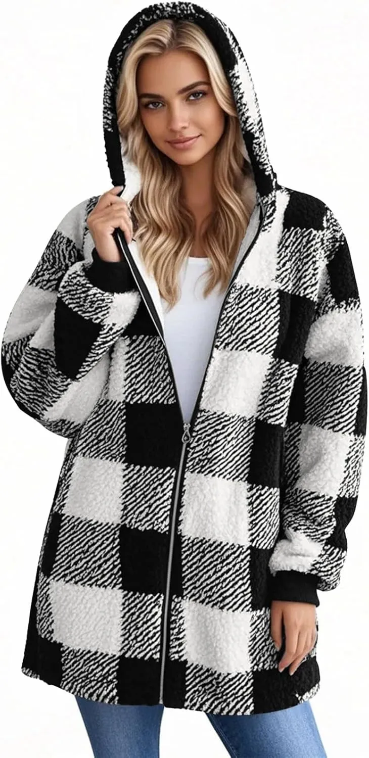 Fleece Jacket Women Sherpa Lined Plaid Flannel Hooded Jacket Oversized Zip Up Jacket with Pockets Fall Warm Coat