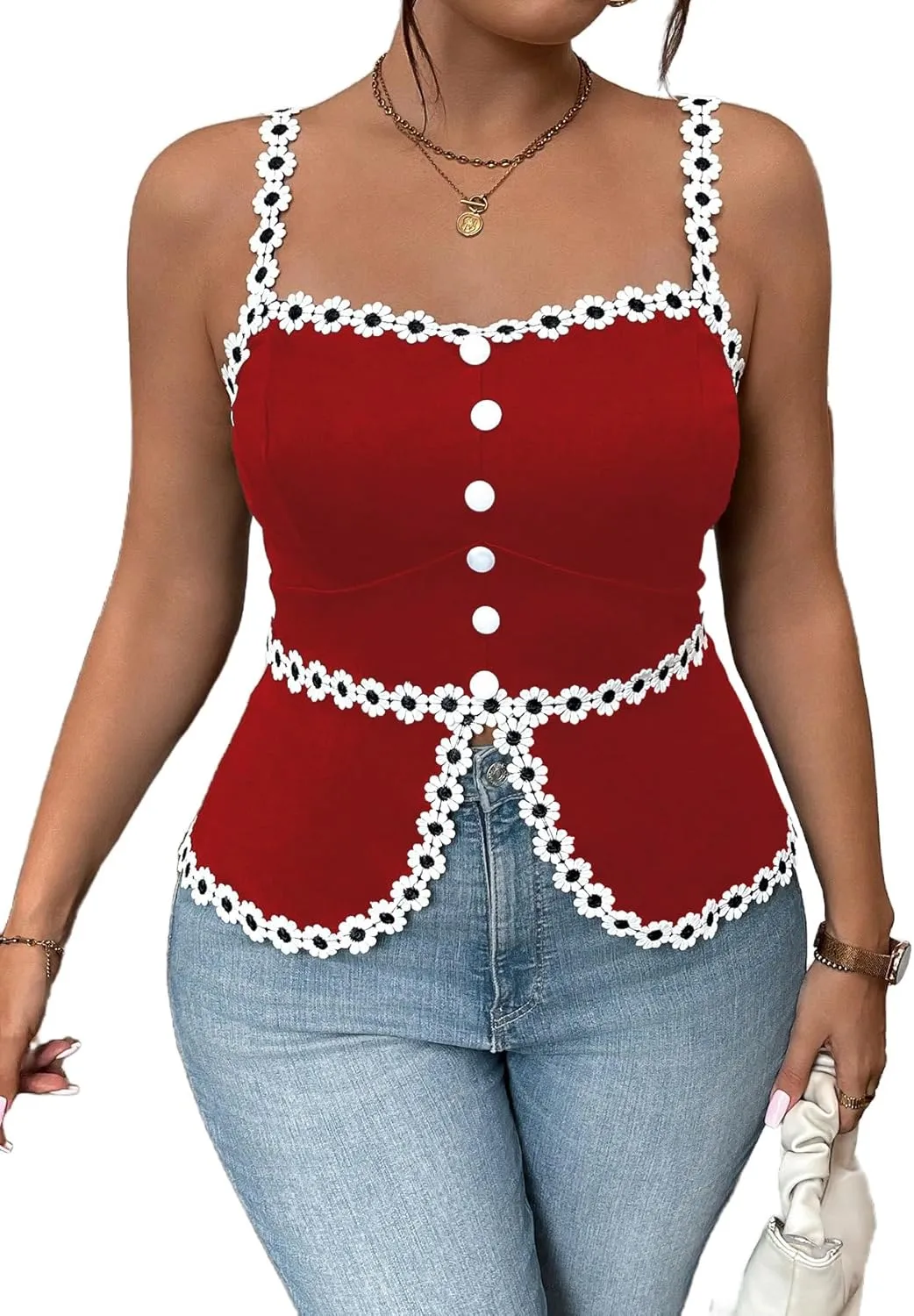 Floerns Women's Plus Size Applique Button Camisole Split Hem Elegant Cami Tops