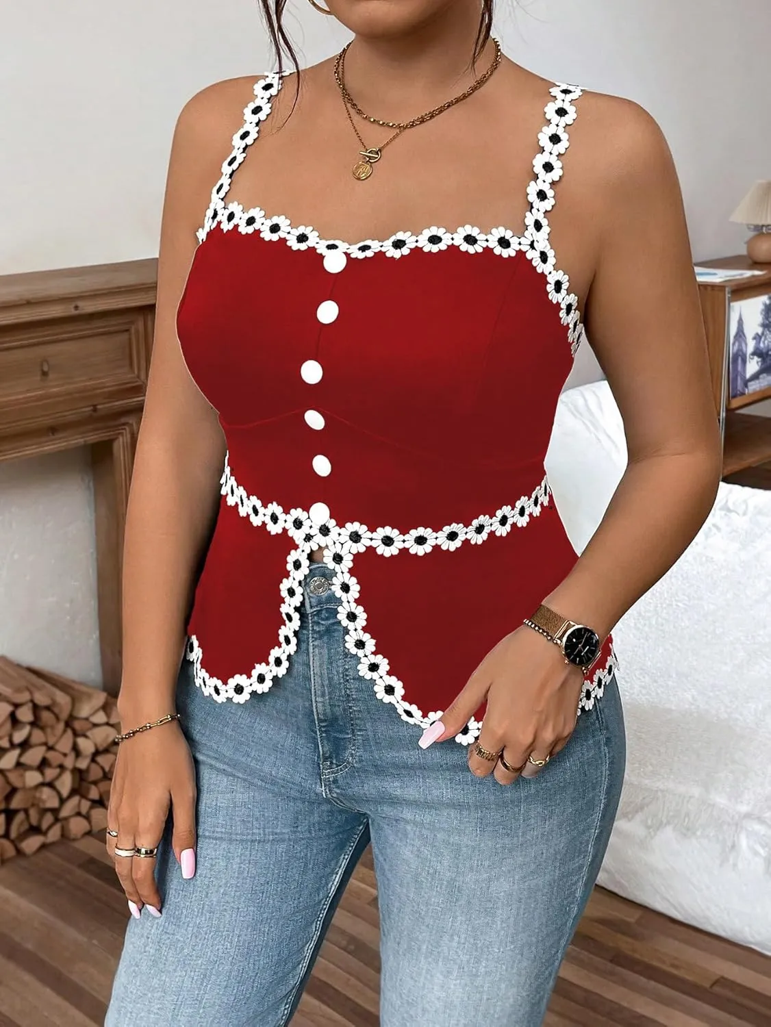 Floerns Women's Plus Size Applique Button Camisole Split Hem Elegant Cami Tops