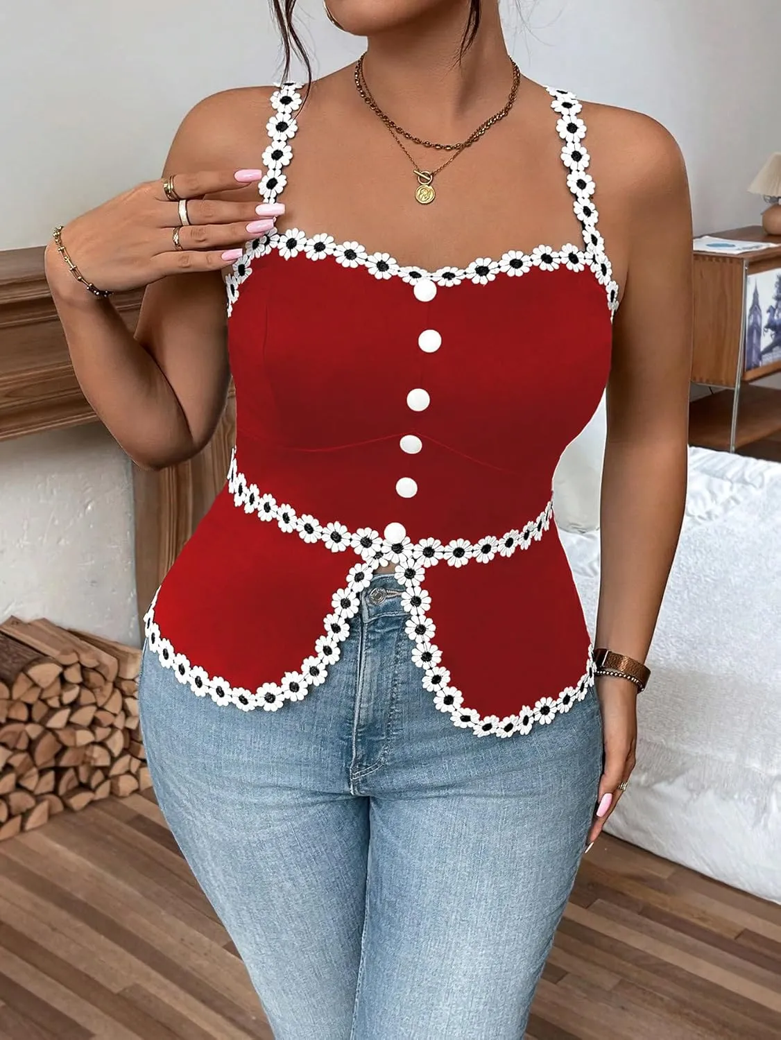 Floerns Women's Plus Size Applique Button Camisole Split Hem Elegant Cami Tops