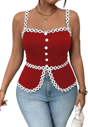 Floerns Women's Plus Size Applique Button Camisole Split Hem Elegant Cami Tops