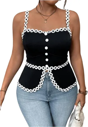 Floerns Women's Plus Size Applique Button Camisole Split Hem Elegant Cami Tops