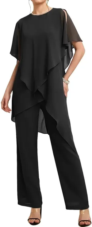 Floor Length Mother of The Bride Pant Suits for Women with Chiffon Two-Piece Short Sleeve Mother of The Groom Gowns