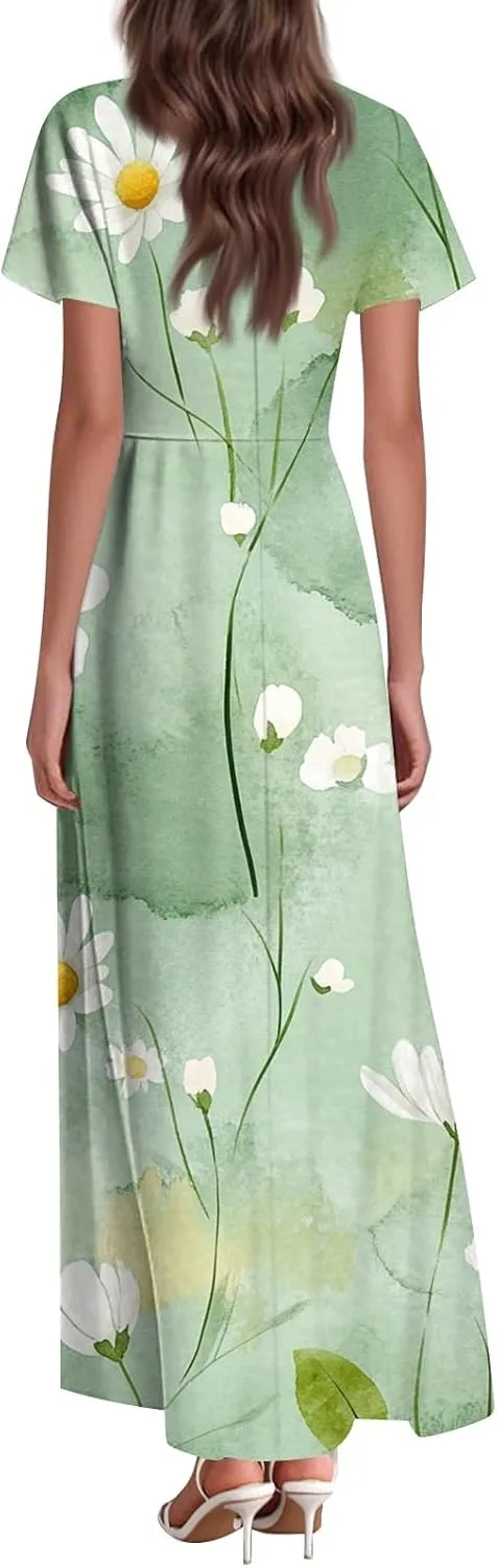 Floral Maxi Dresses for Women V Neck Empire Waist Short Sleeve Garden Party Dress Boho Flowy Beach Summer Sundress