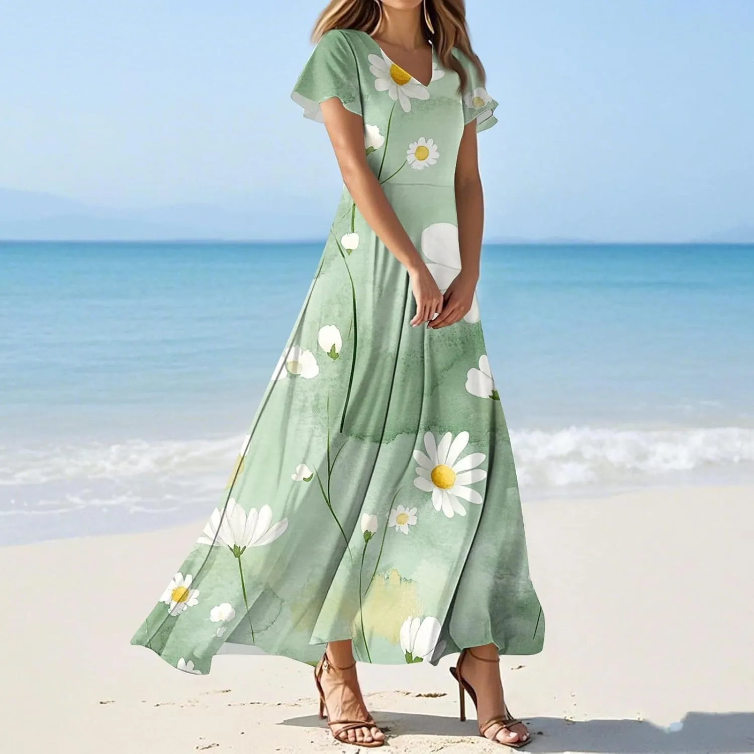Floral Maxi Dresses for Women V Neck Empire Waist Short Sleeve Garden Party Dress Boho Flowy Beach Summer Sundress