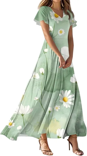 Floral Maxi Dresses for Women V Neck Empire Waist Short Sleeve Garden Party Dress Boho Flowy Beach Summer Sundress