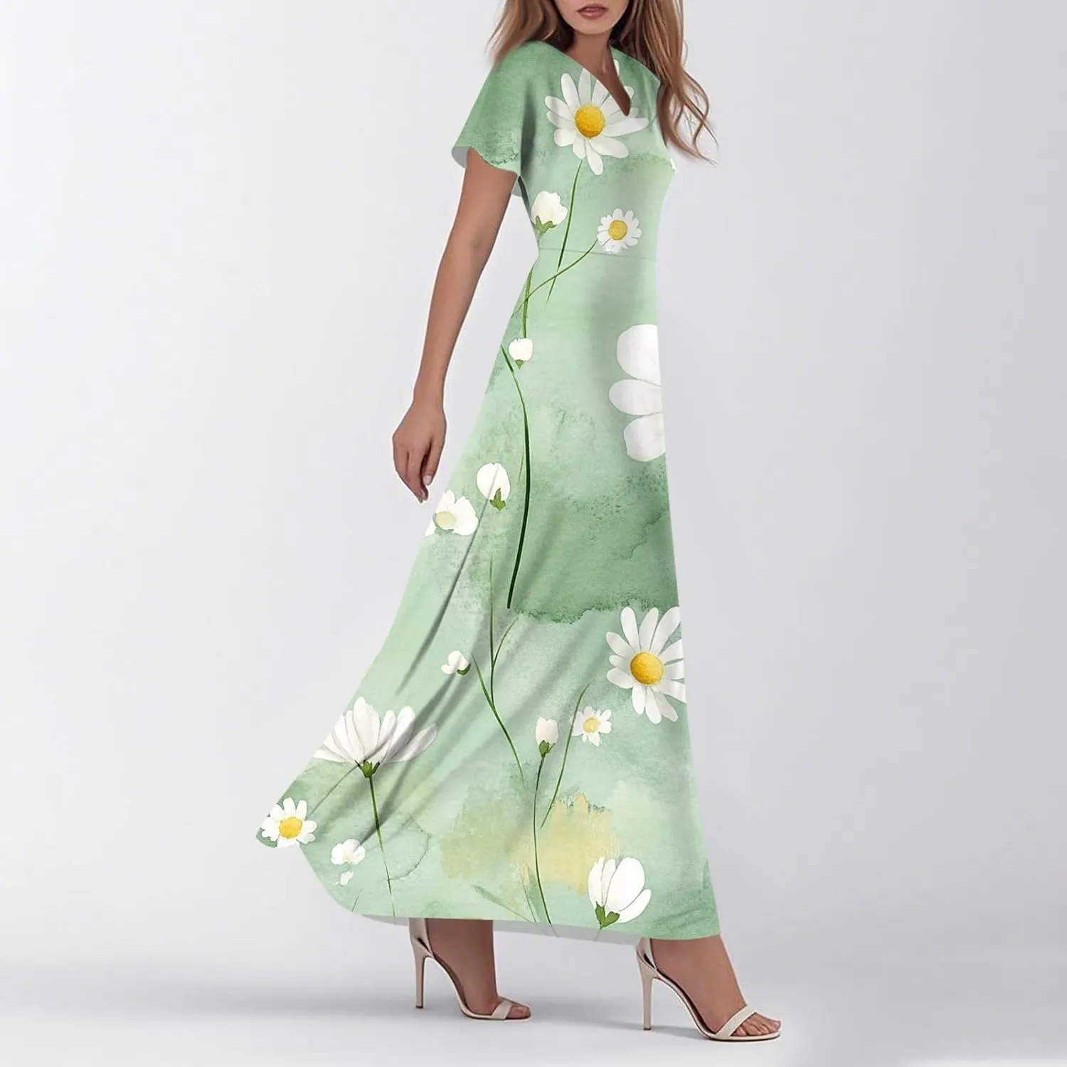 Floral Maxi Dresses for Women V Neck Empire Waist Short Sleeve Garden Party Dress Boho Flowy Beach Summer Sundress
