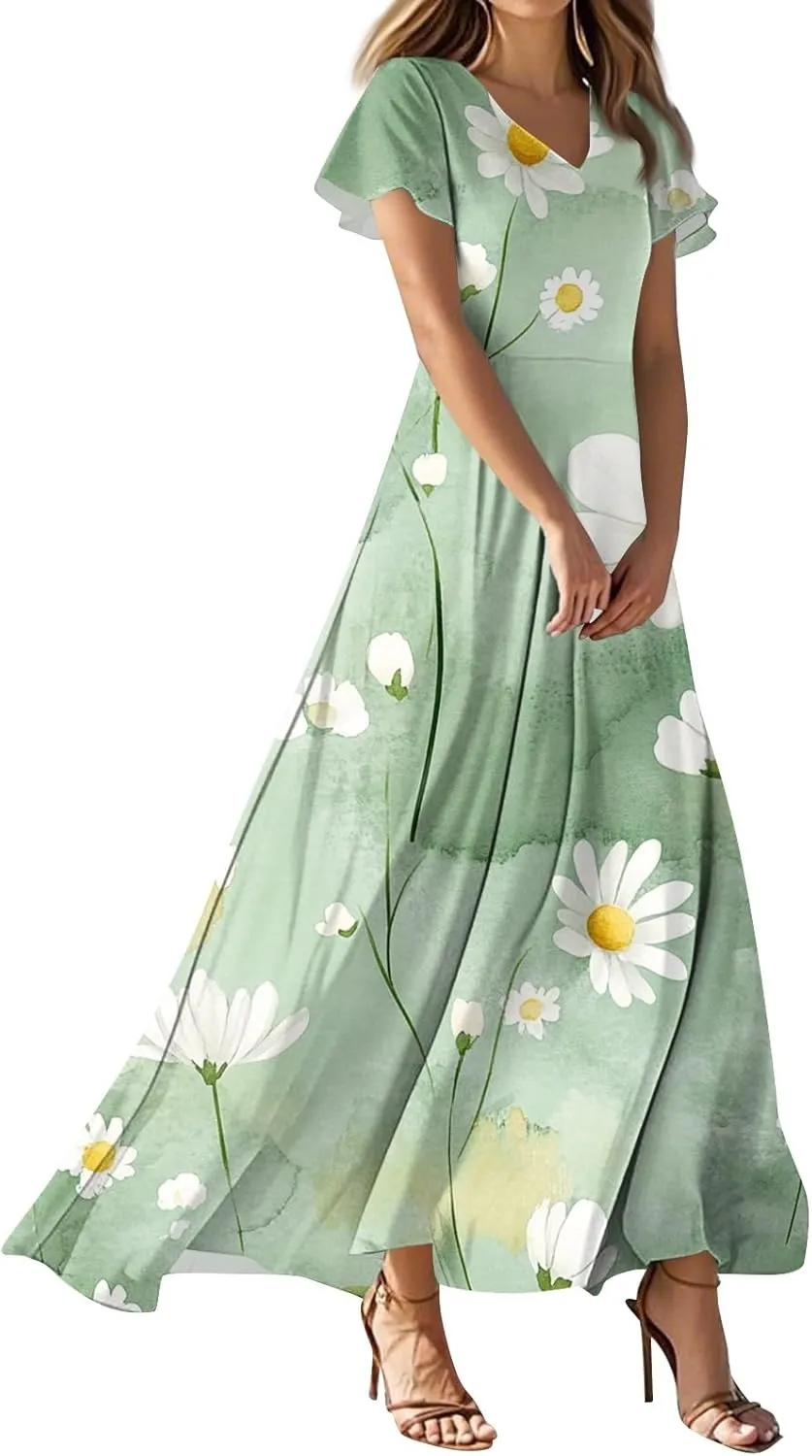 Floral Maxi Dresses for Women V Neck Empire Waist Short Sleeve Garden Party Dress Boho Flowy Beach Summer Sundress