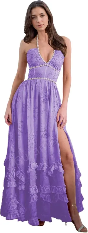 Floral Prom Dresses for Women 2025 Pearl Halter Chiffon Ruffles Ball Gowns Formal Evening Gowns with Slit