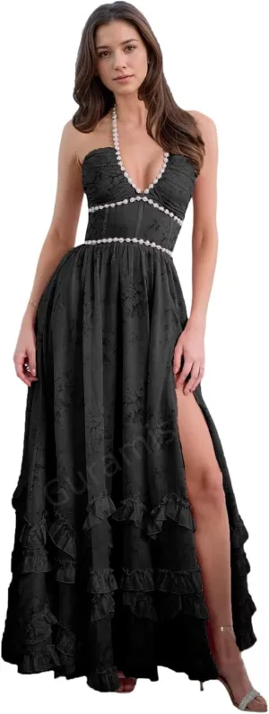 Floral Prom Dresses for Women 2025 Pearl Halter Chiffon Ruffles Ball Gowns Formal Evening Gowns with Slit