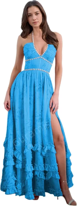 Floral Prom Dresses for Women 2025 Pearl Halter Chiffon Ruffles Ball Gowns Formal Evening Gowns with Slit
