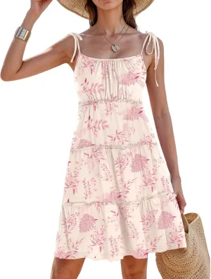 Floral Spaghetti Strap Dresses for Women Casual Summer Tiered Ruffle Mini Sundress Boho Beach Flowy Dress Vacation