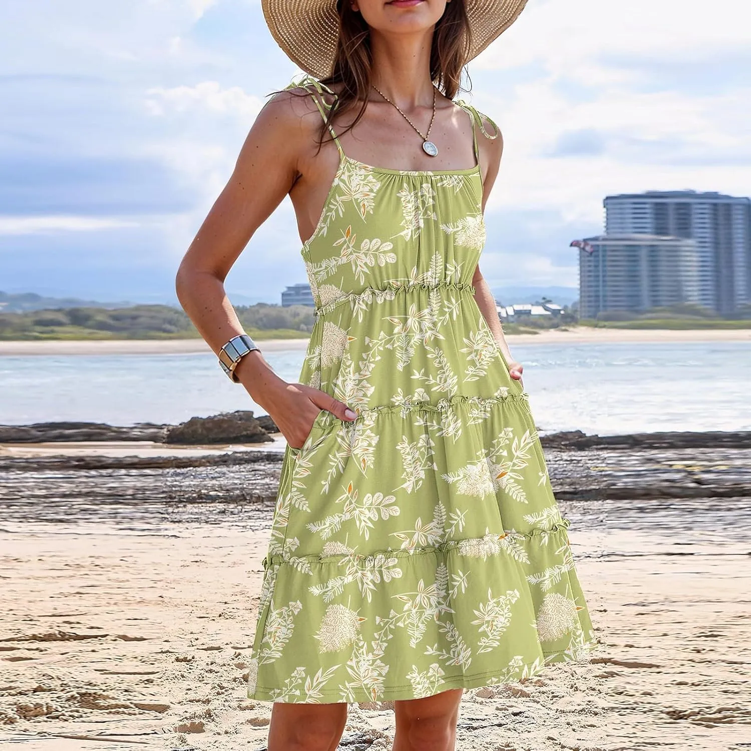 Floral Spaghetti Strap Dresses for Women Casual Summer Tiered Ruffle Mini Sundress Boho Beach Flowy Dress Vacation