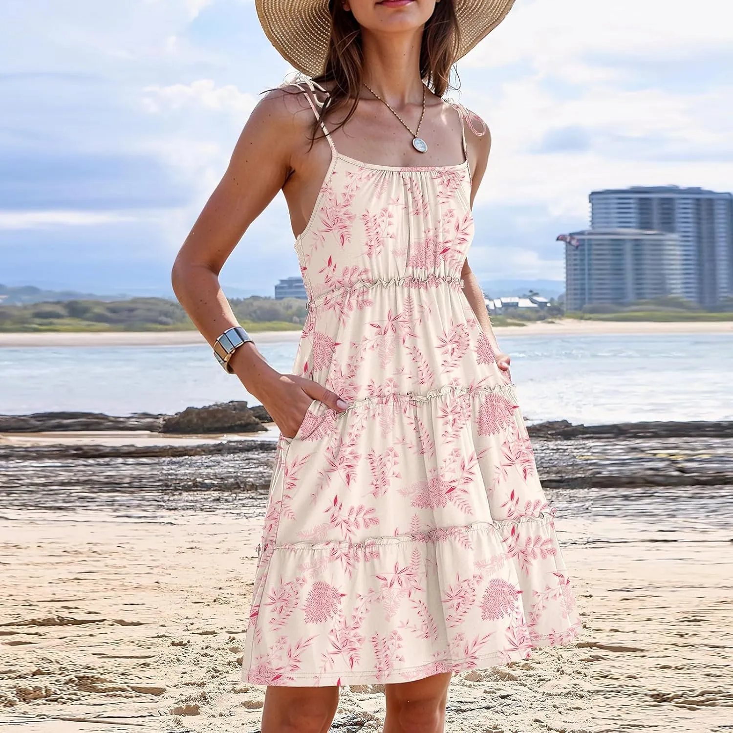Floral Spaghetti Strap Dresses for Women Casual Summer Tiered Ruffle Mini Sundress Boho Beach Flowy Dress Vacation