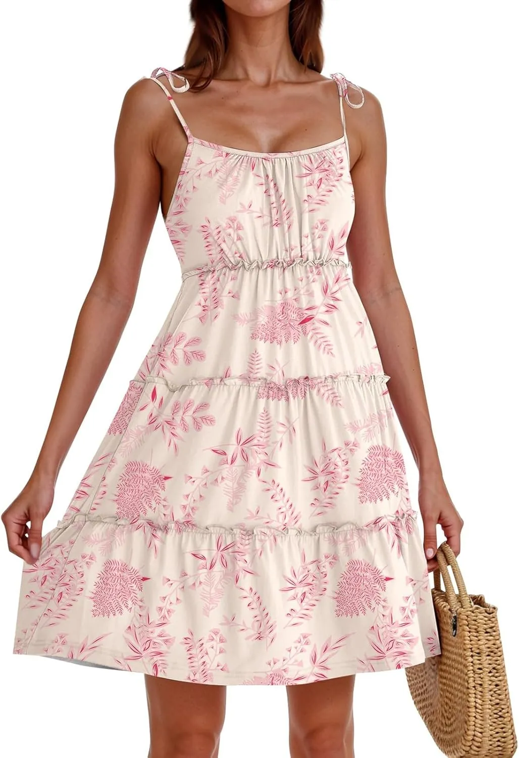 Floral Spaghetti Strap Dresses for Women Casual Summer Tiered Ruffle Mini Sundress Boho Beach Flowy Dress Vacation