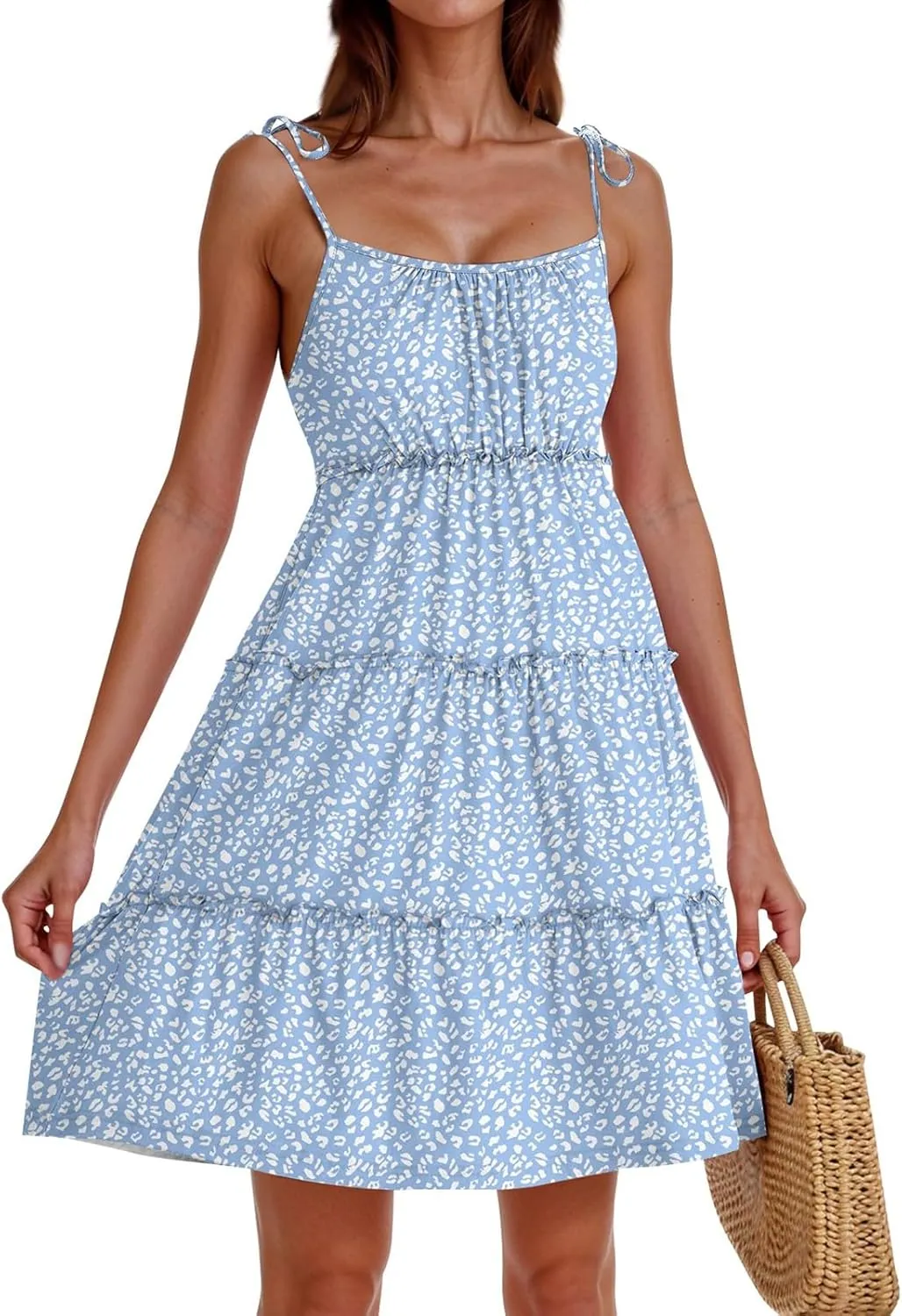 Floral Spaghetti Strap Dresses for Women Casual Summer Tiered Ruffle Mini Sundress Boho Beach Flowy Dress Vacation