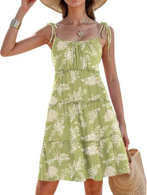Floral Spaghetti Strap Dresses for Women Casual Summer Tiered Ruffle Mini Sundress Boho Beach Flowy Dress Vacation