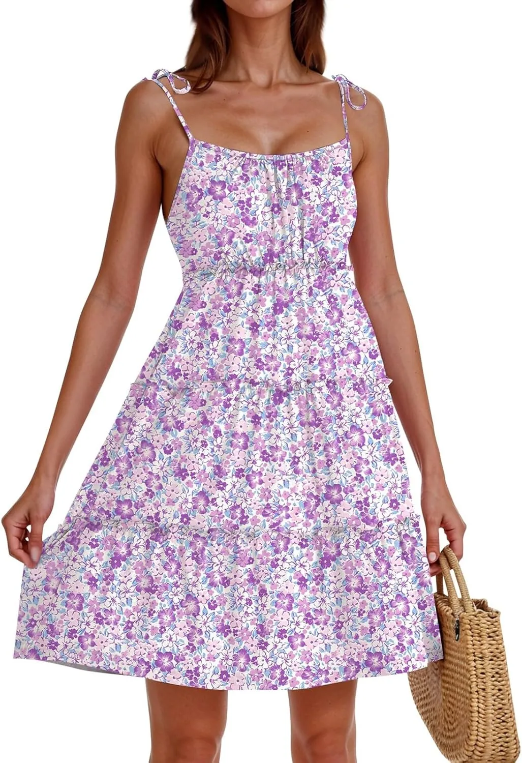 Floral Spaghetti Strap Dresses for Women Casual Summer Tiered Ruffle Mini Sundress Boho Beach Flowy Dress Vacation
