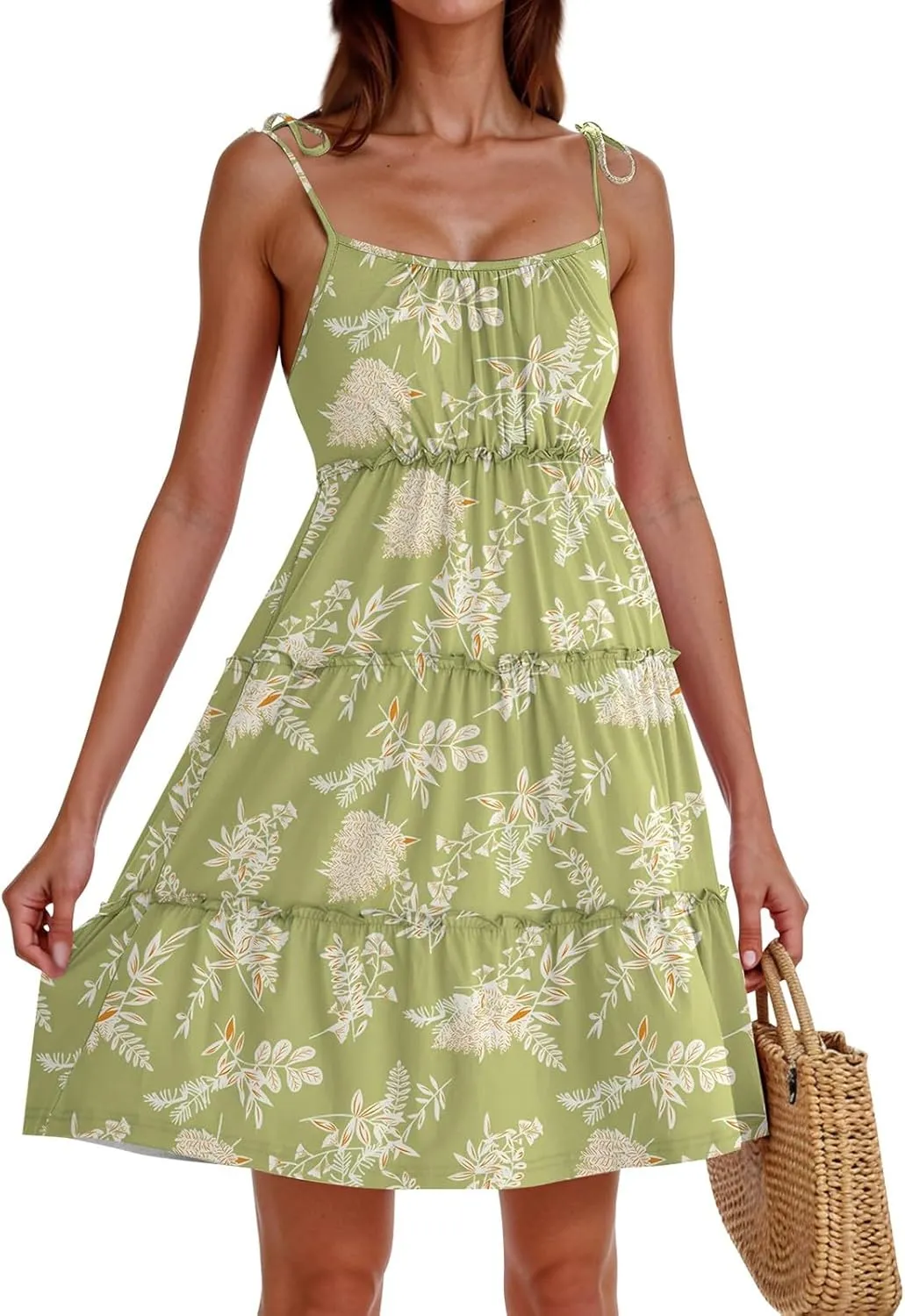 Floral Spaghetti Strap Dresses for Women Casual Summer Tiered Ruffle Mini Sundress Boho Beach Flowy Dress Vacation