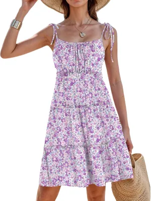 Floral Spaghetti Strap Dresses for Women Casual Summer Tiered Ruffle Mini Sundress Boho Beach Flowy Dress Vacation
