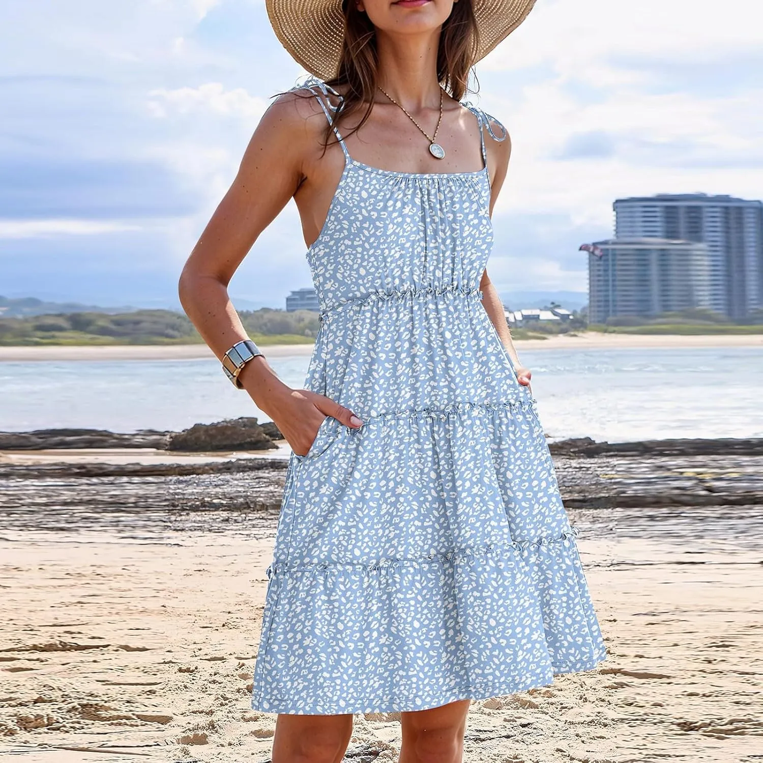 Floral Spaghetti Strap Dresses for Women Casual Summer Tiered Ruffle Mini Sundress Boho Beach Flowy Dress Vacation