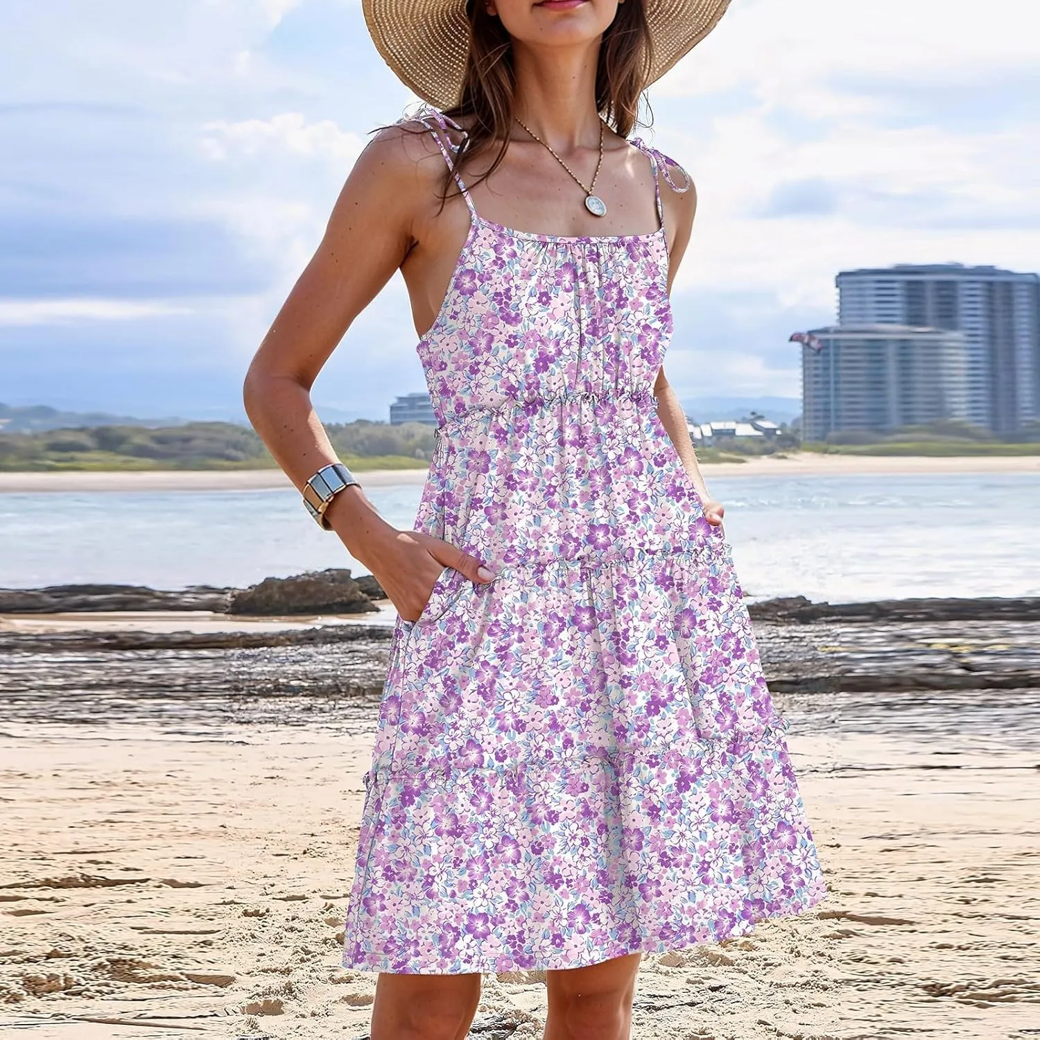 Floral Spaghetti Strap Dresses for Women Casual Summer Tiered Ruffle Mini Sundress Boho Beach Flowy Dress Vacation