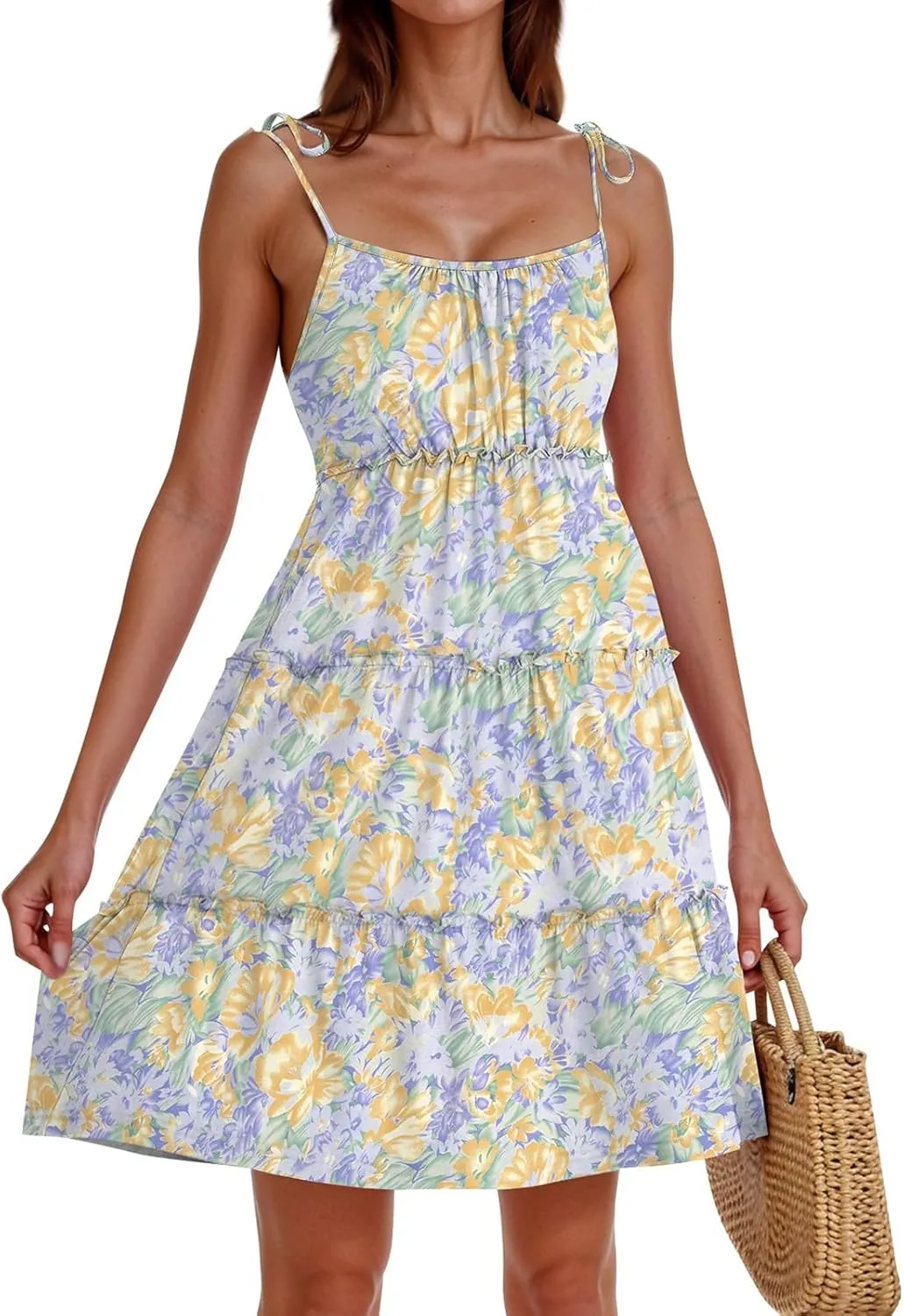 Floral Sun Dresses for Women 2025 Vacation Casual Summer Boho Mini Spaghetti Strap Dress Beach Tiered Flowy Dress