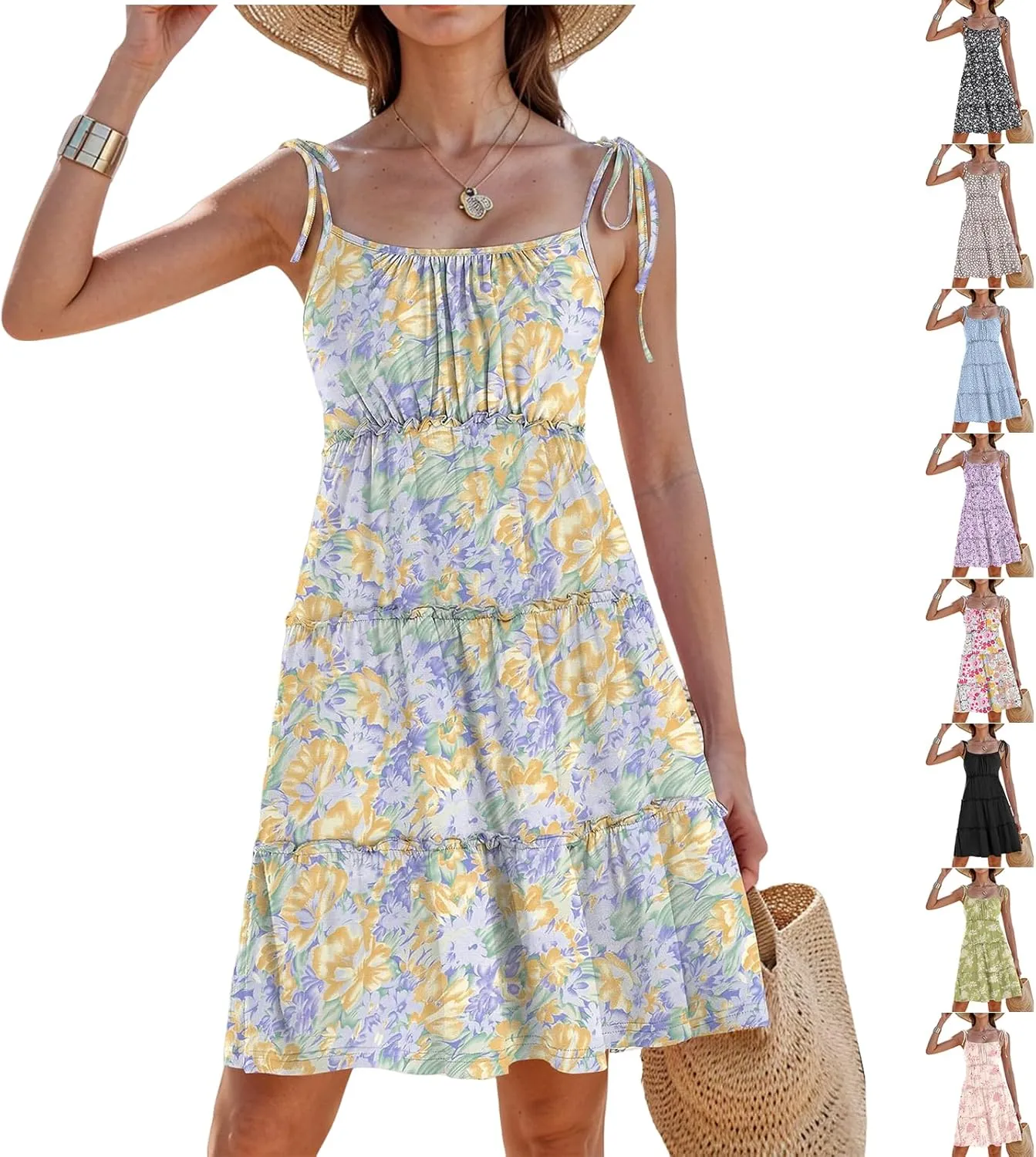 Floral Sun Dresses for Women 2025 Vacation Casual Summer Boho Mini Spaghetti Strap Dress Beach Tiered Flowy Dress