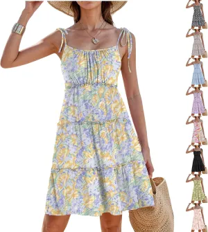 Floral Sun Dresses for Women 2025 Vacation Casual Summer Boho Mini Spaghetti Strap Dress Beach Tiered Flowy Dress