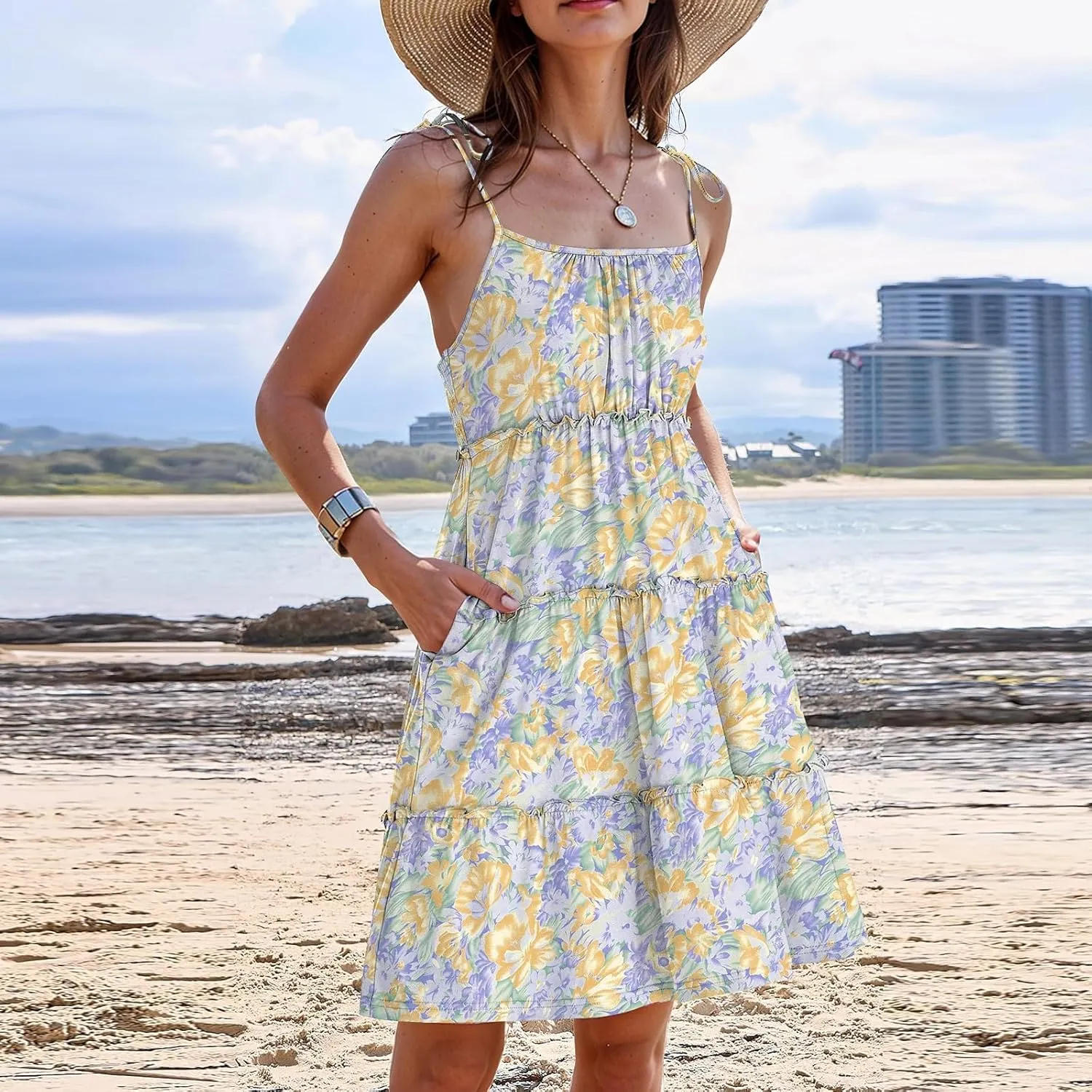 Floral Sun Dresses for Women 2025 Vacation Casual Summer Boho Mini Spaghetti Strap Dress Beach Tiered Flowy Dress