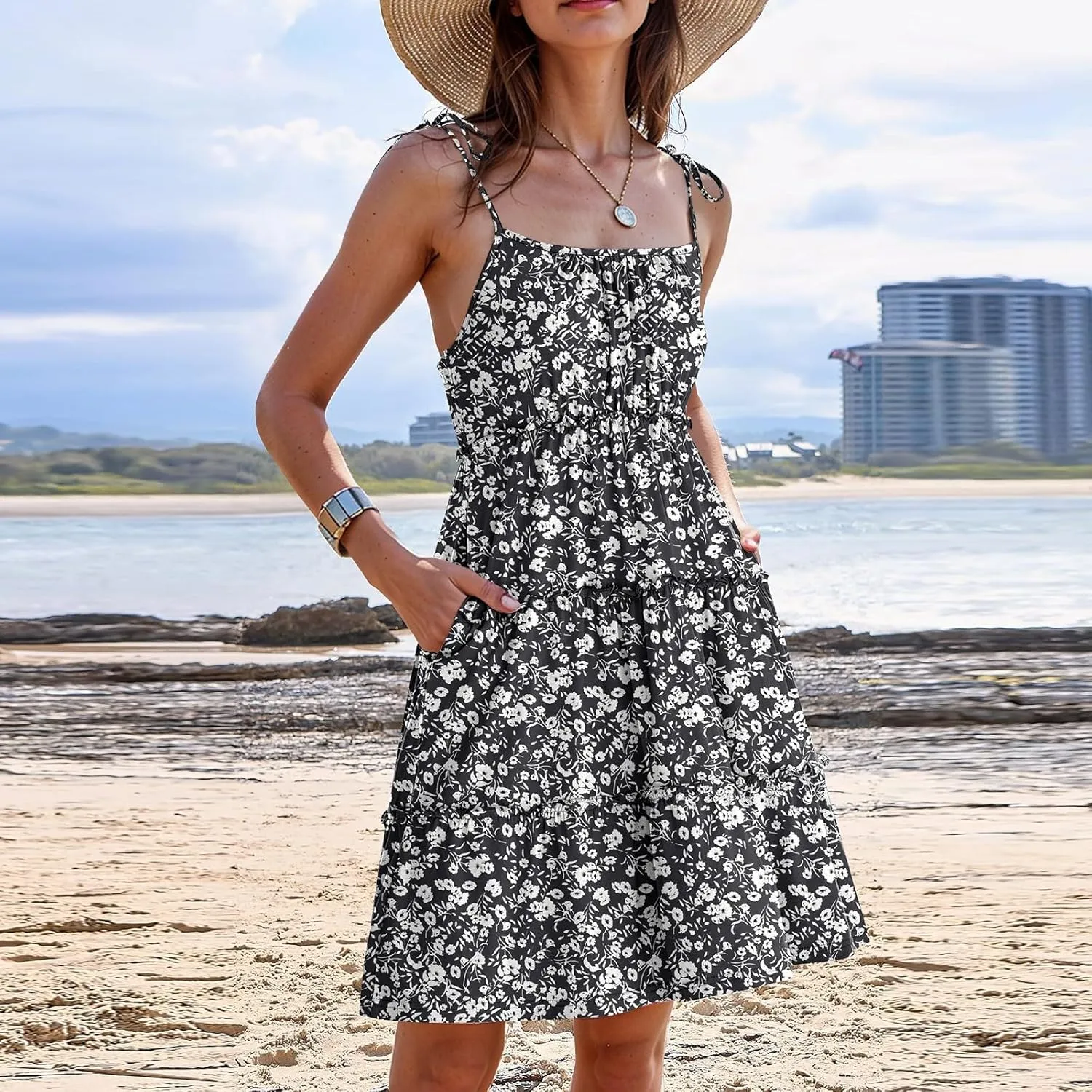 Floral Sun Dresses for Women 2025 Vacation Casual Summer Boho Mini Spaghetti Strap Dress Beach Tiered Flowy Dress