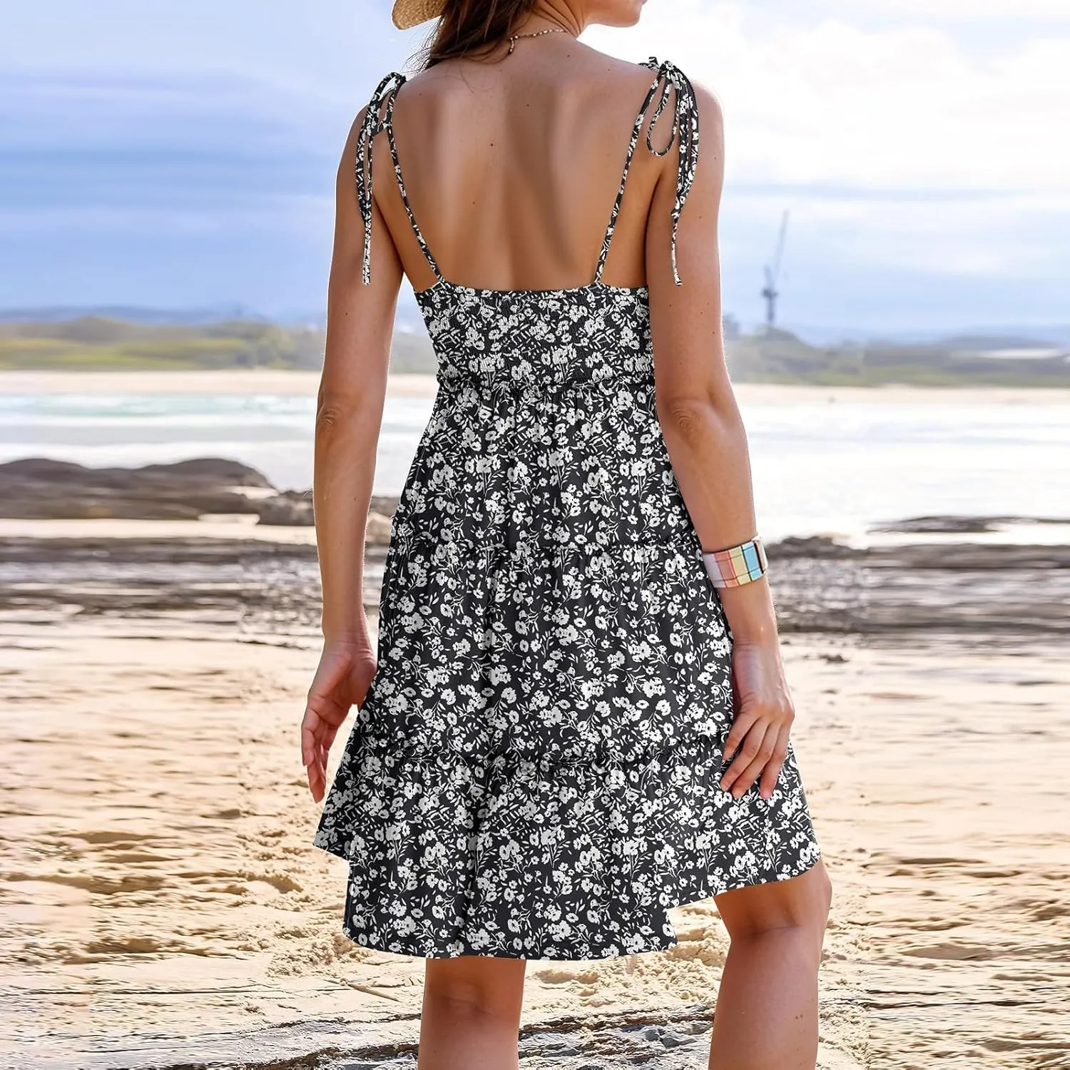 Floral Sun Dresses for Women 2025 Vacation Casual Summer Boho Mini Spaghetti Strap Dress Beach Tiered Flowy Dress
